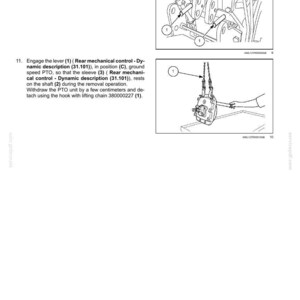 May include: Diagram of a Power Take-Off (PTO) system, illustrating mechanical control components. Includes numbered parts and text instructions for assembly and disassembly. The image is a technical illustration.