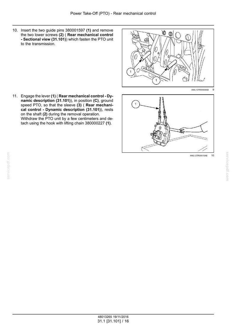 May include: Diagram of a Power Take-Off (PTO) system, illustrating mechanical control components. Includes numbered parts and text instructions for assembly and disassembly. The image is a technical illustration.