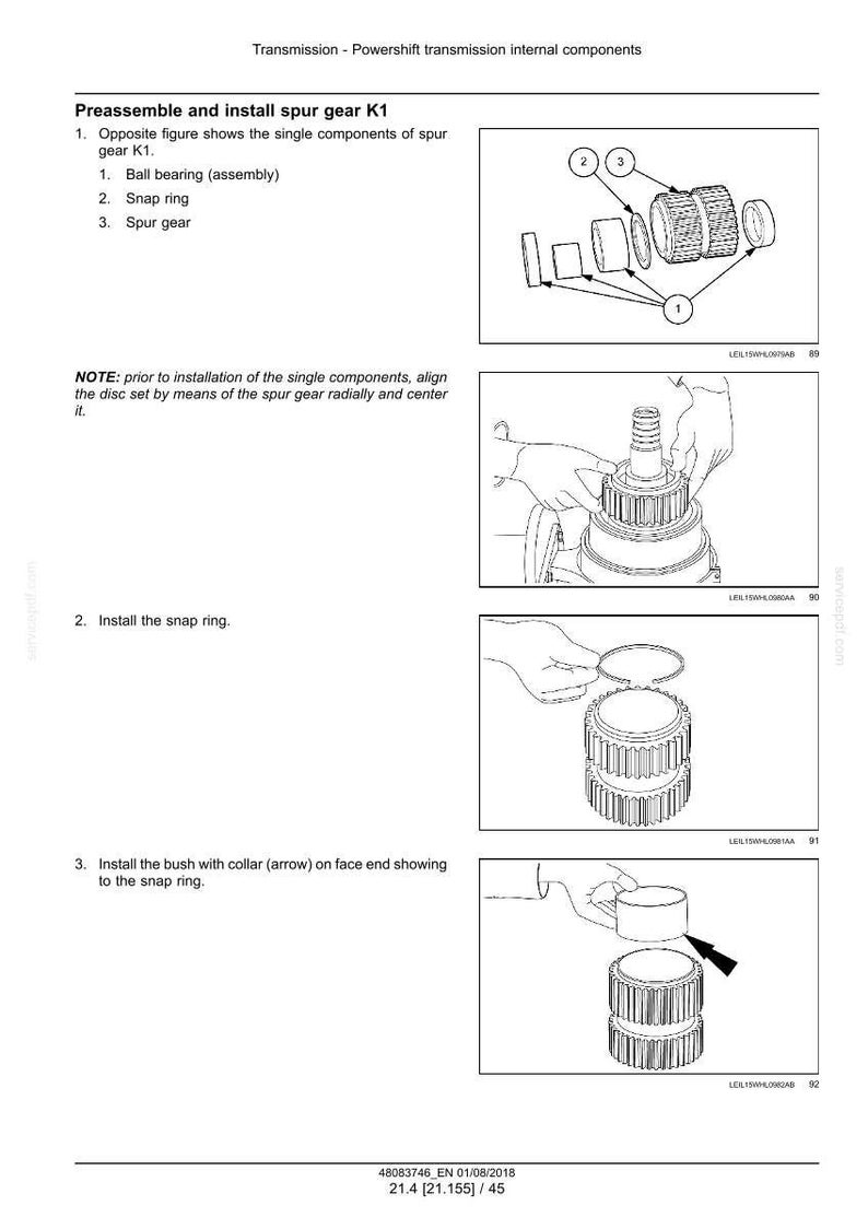 May include: Diagram showing Powershift transmission internal components: ball bearing, snap ring, and spur gear. Instructions detail preassembly and installation steps, with arrows indicating assembly direction.