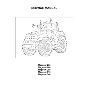 May include: A service manual cover featuring a line drawing of a tractor. The Case IH Agriculture logo is at the top, with "SERVICE MANUAL" below. The tractor models listed are Magnum 235, 260, 290, 315, and 340.