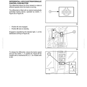 May include: A technical manual page titled Section 2 - Controls, Instruments and Operation, detailing the Electrohydraulic Differential Lock. It includes diagrams of a push-button switch, labeled 1, with positions A, B, and C for tractor operation.