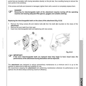 May include: A technical diagram from a CASE manual detailing the control and replacement of interchangeable teeth on a primary crusher. The image includes diagrams of the attachment components, with text instructions and safety warnings. The document is labeled "Maintenance".