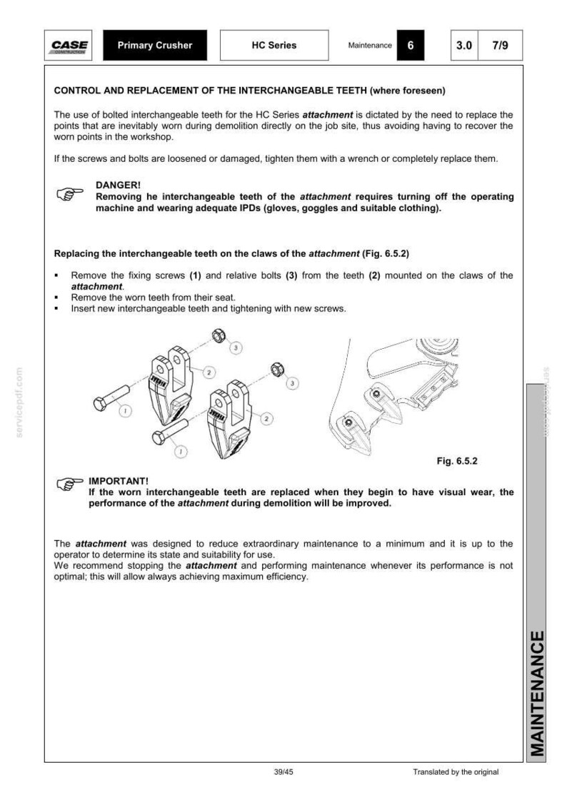 May include: A technical diagram from a CASE manual detailing the control and replacement of interchangeable teeth on a primary crusher. The image includes diagrams of the attachment components, with text instructions and safety warnings. The document is labeled "Maintenance".