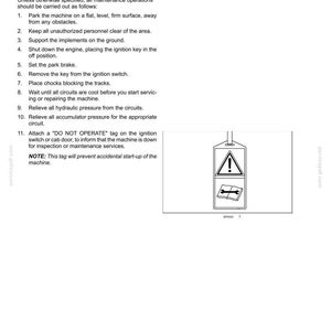 Puede incluir: Una p&aacute;gina de documento t&eacute;cnico titulada 7-MAINTENANCE que detalla los procedimientos para preparar una m&aacute;quina para el mantenimiento, incluyendo una lista numerada de once pasos de seguridad y una ilustraci&oacute;n de una etiqueta de NO OPERAR.