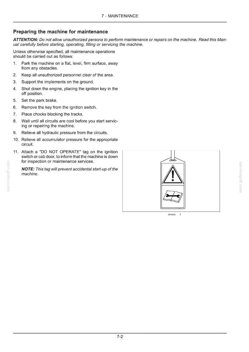 Puede incluir: Una p&aacute;gina de documento t&eacute;cnico titulada 7-MAINTENANCE que detalla los procedimientos para preparar una m&aacute;quina para el mantenimiento, incluyendo una lista numerada de once pasos de seguridad y una ilustraci&oacute;n de una etiqueta de NO OPERAR.