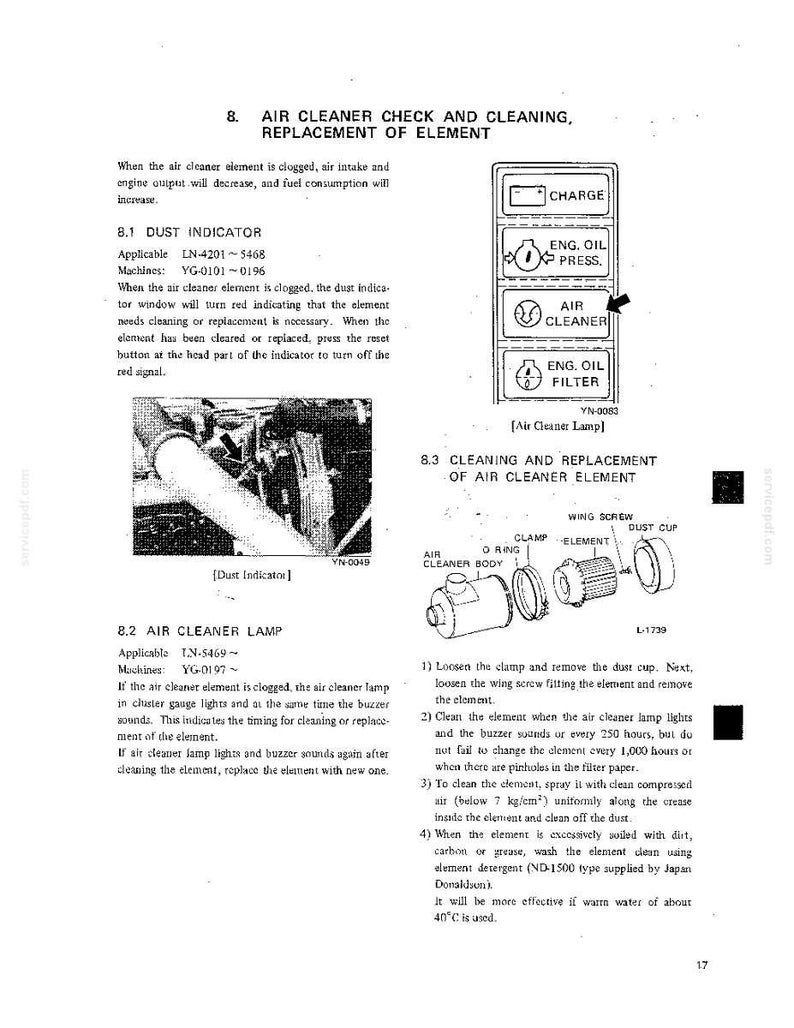 May include: A technical manual page titled Air Cleaner Check and Cleaning, Replacement of Element. It includes text instructions, a diagram of a dust indicator, a control panel graphic with an Air Cleaner light, and an exploded view of the air cleaner.