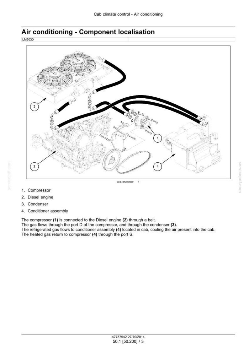 Op de afbeelding: Technisch diagram met airconditioningcomponenten: compressor, dieselmotor, condensor en conditioner assembly. Zwarte buizen en labels illustreren de werking van het systeem.