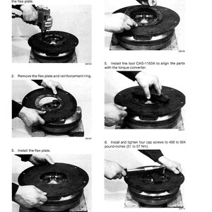 May include: A sequence of six black and white images illustrating how to replace a flex plate. The images show hands using tools to loosen screws, remove parts, and install new components. Text in the image provides step-by-step instructions.