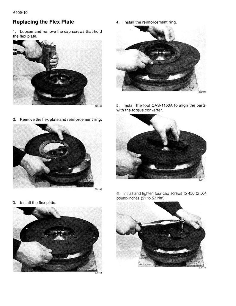 May include: A sequence of six black and white images illustrating how to replace a flex plate. The images show hands using tools to loosen screws, remove parts, and install new components. Text in the image provides step-by-step instructions.