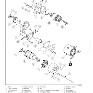 May include: An exploded diagram of a starter motor, labeled with part numbers and names. Components include bolts, washers, bearings, armature, and housing. The diagram is in black and white, with text labels and a reference number 4004-20.