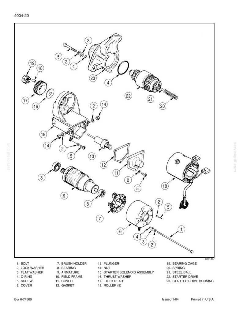 May include: An exploded diagram of a starter motor, labeled with part numbers and names. Components include bolts, washers, bearings, armature, and housing. The diagram is in black and white, with text labels and a reference number 4004-20.