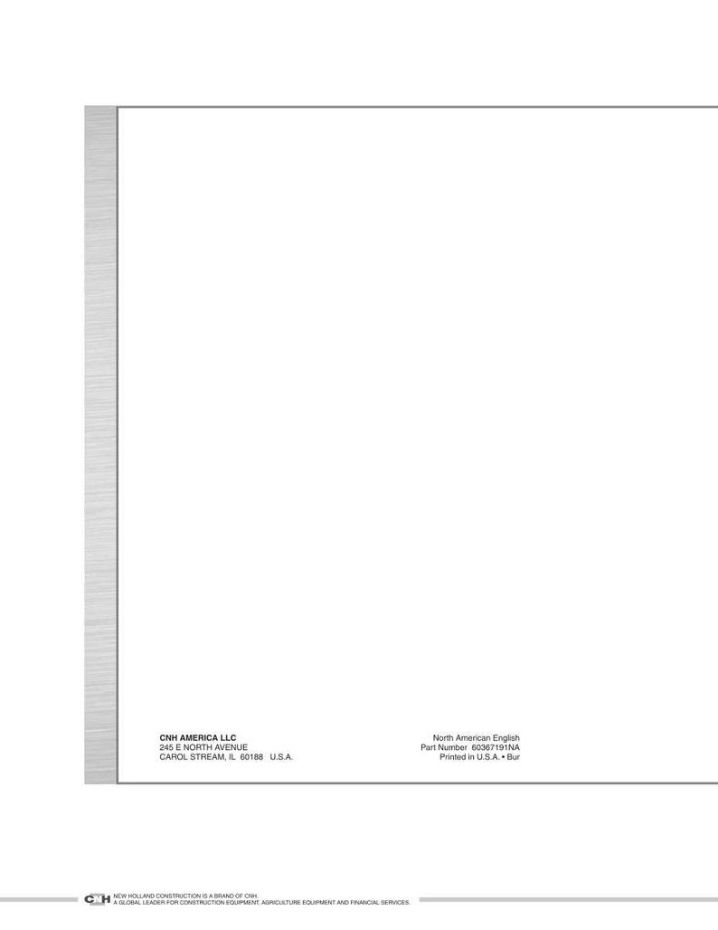 May include: A white sheet of paper with a silver-colored vertical stripe on the left side. The text "CNH AMERICA LLC" and address are printed at the bottom left. The text "North American English" and part number are printed at the bottom right.