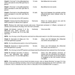 May include: A technical document with troubleshooting steps for a differential lock switch. The document includes a checklist with check points, readings in volts, and possible causes of bad readings. The document is printed on white paper.