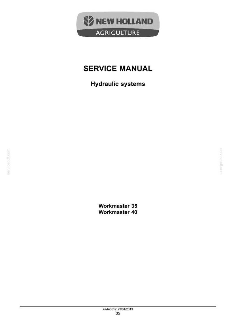 May include: A white page with the text "NEW HOLLAND AGRICULTURE" at the top, followed by "SERVICE MANUAL" and "Hydraulic systems." Below, it lists "Workmaster 35" and "Workmaster 40."