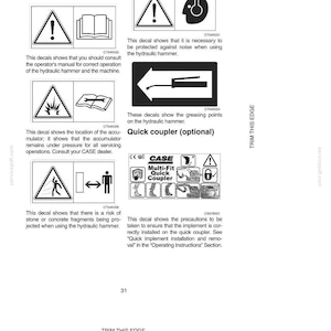 May include: A page from an equipment manual with safety decals and hand signals. The image includes warning symbols, diagrams, and text related to hydraulic breakers and quick couplers, with instructions and precautions.