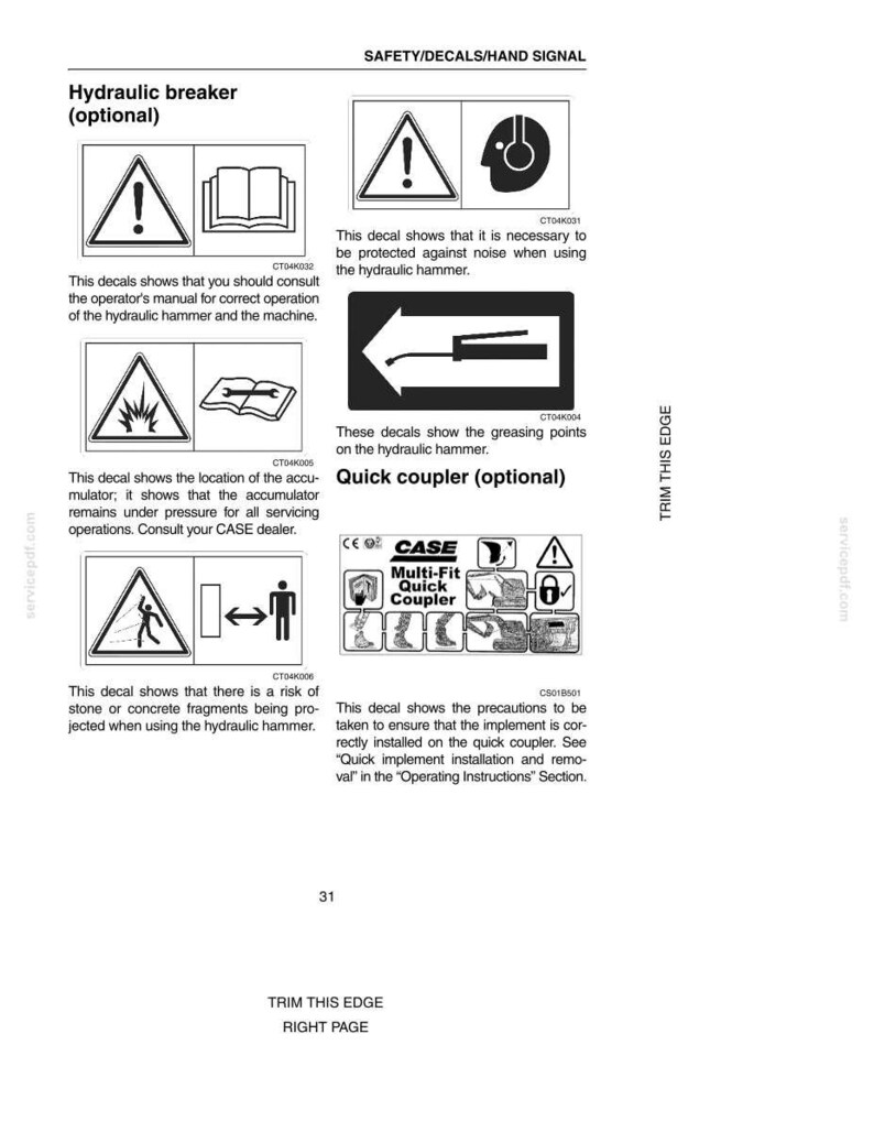 May include: A page from an equipment manual with safety decals and hand signals. The image includes warning symbols, diagrams, and text related to hydraulic breakers and quick couplers, with instructions and precautions.