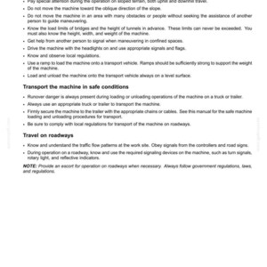 以下が含まれることがあります： 「2-SAFETY INFORMATION」と題された文書ページ。機械輸送の安全上の注意事項が記載されています。初期手順、輸送条件、道路走行に関する項目があり、積載制限、ランプ、信号装置に関する指示が含まれています。