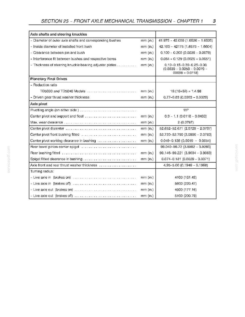 May include: A technical document page titled SECTION 25 - FRONT AXLE MECHANICAL TRANSMISSION - CHAPTER 1. It contains a table listing specifications for axle shafts, steering knuckles, planetary final drives, axle pivots, and turning radius.