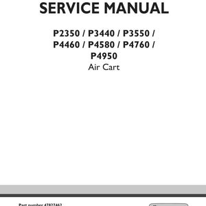 May include: A white service manual cover with the text "SERVICE MANUAL" in bold black letters. Below, model numbers P2350 through P4950 are listed, followed by "Air Cart." The bottom of the cover includes the part number, edition, and date.