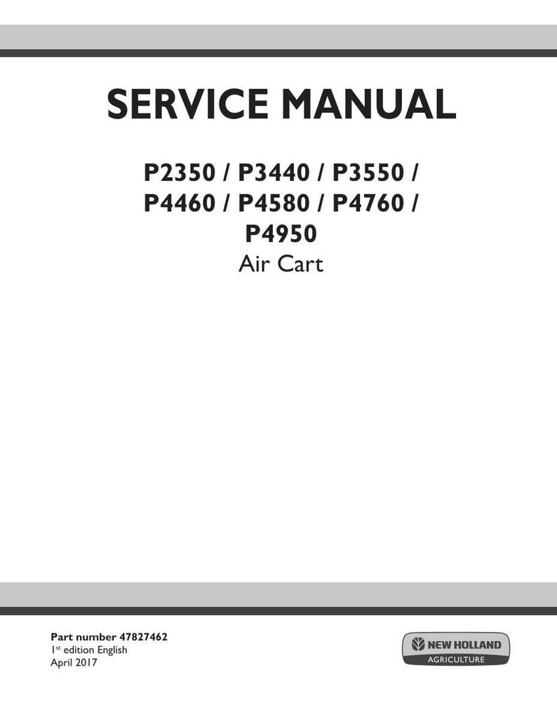 May include: A white service manual cover with the text "SERVICE MANUAL" in bold black letters. Below, model numbers P2350 through P4950 are listed, followed by "Air Cart." The bottom of the cover includes the part number, edition, and date.