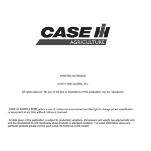 Op de afbeelding: Een wit document met het CASE IH AGRICULTURE-logo in zwart en grijs. Het document bevat tekst over technische publicaties en gereedschappen, gedrukt in Frankrijk, en copyright-informatie.