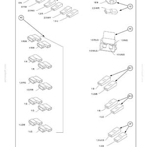 May include: Diagram of electrical system components, including various harnesses and connectors. The image features multiple connector types, labeled with alphanumeric codes. The diagram is in black and white, with clear labels for each component.