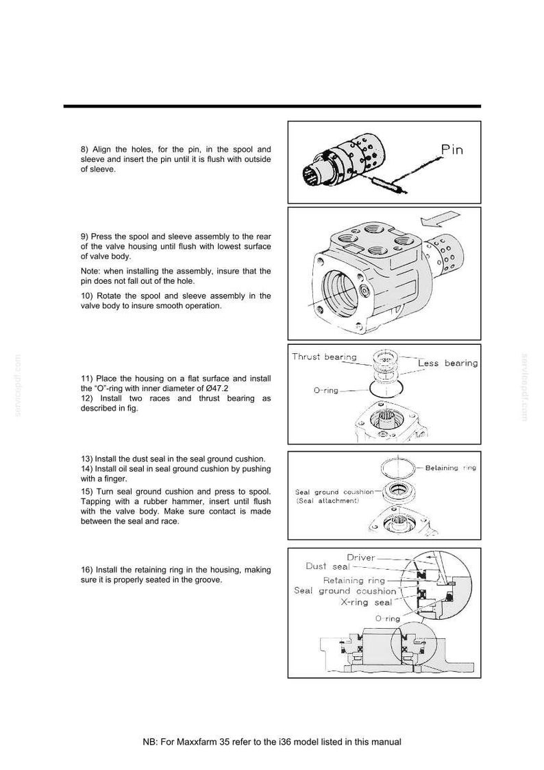 May include: Diagram of hydraulic valve assembly components, including a valve body, bearings, seals, and retaining rings. The image includes labels such as "Thrust bearing," "O-ring," and "Dust seal," with assembly instructions and a note referencing a Maxxfarm model.