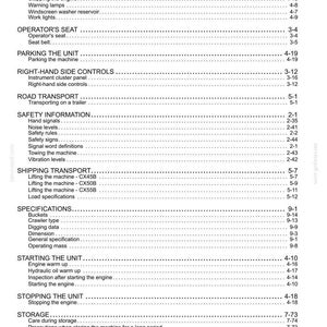 May include: A white page from a manual with black text. The text includes sections on safety, transport, and specifications. The page has a table of contents with page numbers.