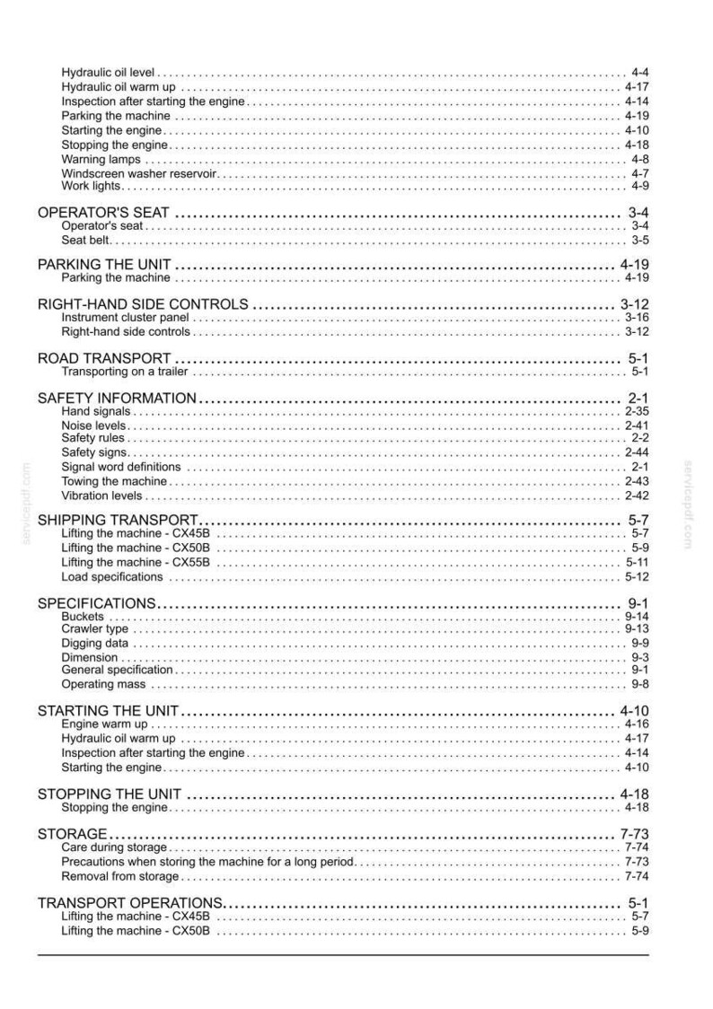 May include: A white page from a manual with black text. The text includes sections on safety, transport, and specifications. The page has a table of contents with page numbers.