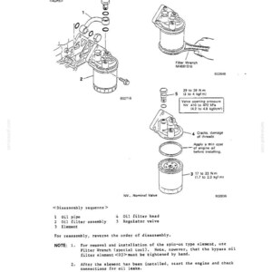 May include: A technical diagram illustrating the disassembly sequence of an oil filter assembly. The image displays an oil pipe, filter head, and regulator valve with torque specifications in Nm and kgf/cm, plus a filter wrench tool.