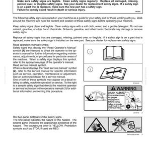 May include: A page from a manual with safety information. It includes a warning symbol, instructions for maintaining safety signs, and symbols for reading the operator's and service manuals. The background is white.