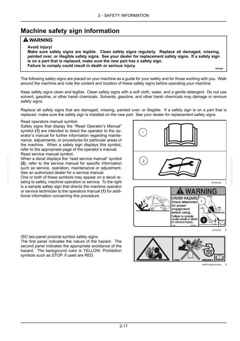 May include: A page from a manual with safety information. It includes a warning symbol, instructions for maintaining safety signs, and symbols for reading the operator's and service manuals. The background is white.