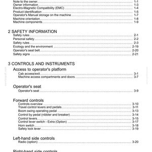 May include: A detailed table of contents from a manual, with sections on general and safety information, controls, and instruments. The text includes topics like operator's seat, forward controls, and safety rules.