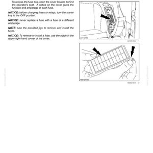 May include: Diagram of a car's fuse box and fuse panel, with arrows indicating fuse locations and removal instructions. Text includes "Fuse and relay locations" and safety notices about fuse replacement.