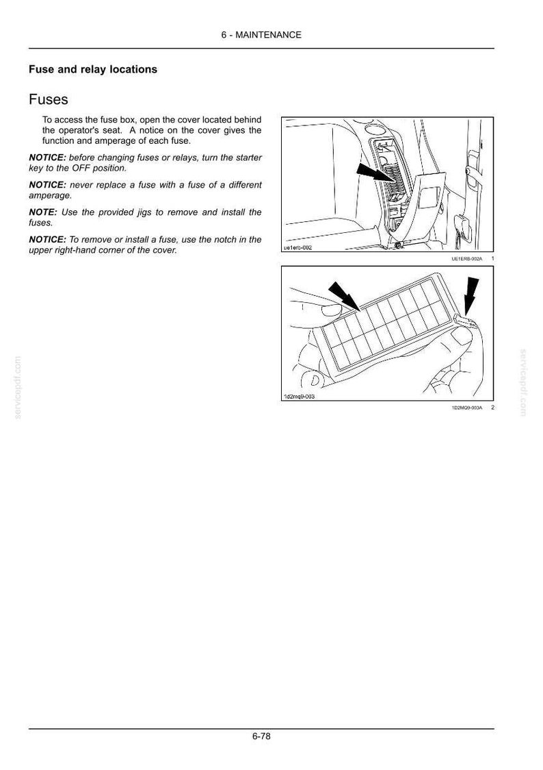 May include: Diagram of a car's fuse box and fuse panel, with arrows indicating fuse locations and removal instructions. Text includes "Fuse and relay locations" and safety notices about fuse replacement.