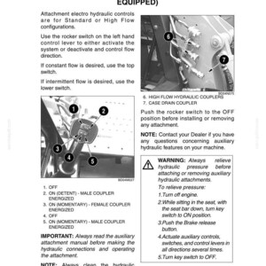 May include: Diagram of auxiliary electro-hydraulic controls for machinery. The image shows a rocker switch with numbered positions and labels, along with hydraulic couplers and safety warnings. Text includes instructions for operation and safety precautions.