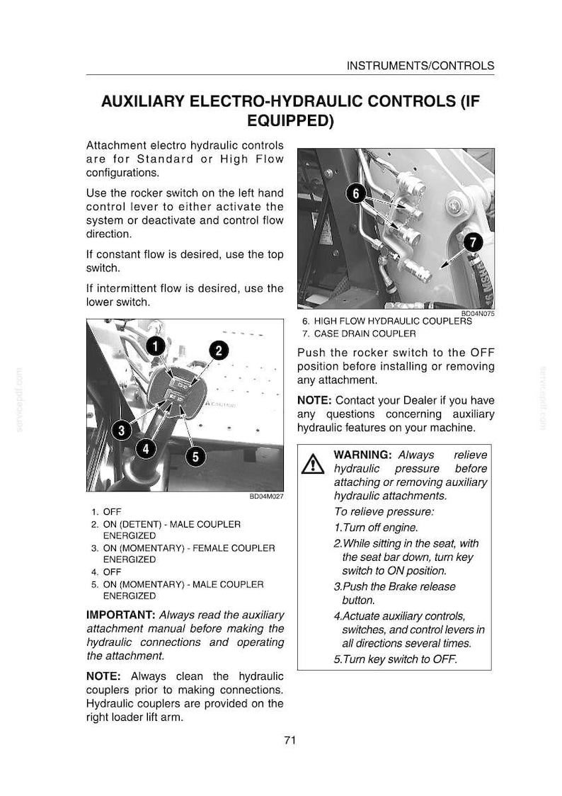 May include: Diagram of auxiliary electro-hydraulic controls for machinery. The image shows a rocker switch with numbered positions and labels, along with hydraulic couplers and safety warnings. Text includes instructions for operation and safety precautions.