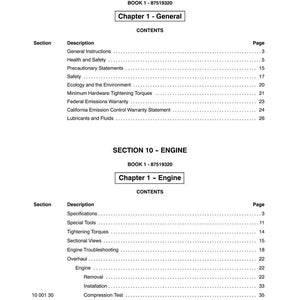 May include: A white and black printed manual page with the title "SECTION 00 - GENERAL" and "SECTION 10 - ENGINE". The contents include chapter titles, descriptions, and page numbers. The manual is for book 1-87519320.