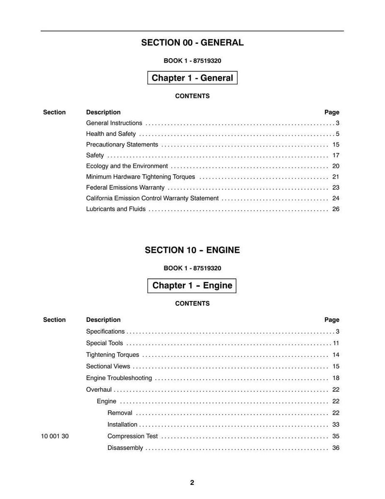 May include: A white and black printed manual page with the title "SECTION 00 - GENERAL" and "SECTION 10 - ENGINE". The contents include chapter titles, descriptions, and page numbers. The manual is for book 1-87519320.