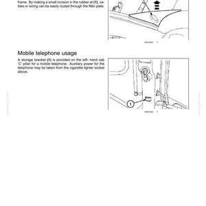 May include: A technical manual page titled 3 - CONTROLS AND INSTRUMENTS featuring two diagrams. The first shows cable routing through a filler plate near a window. The second shows a storage bracket on a cab C-pillar for mobile telephone usage.