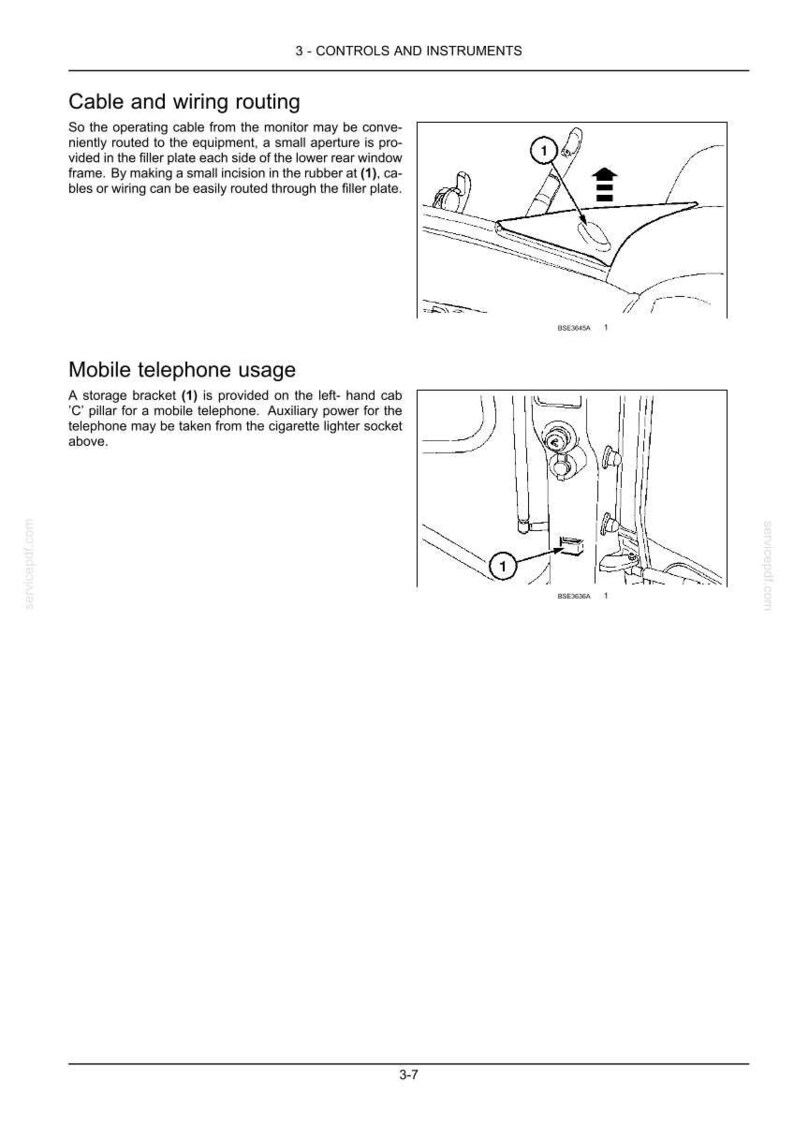 May include: A technical manual page titled 3 - CONTROLS AND INSTRUMENTS featuring two diagrams. The first shows cable routing through a filler plate near a window. The second shows a storage bracket on a cab C-pillar for mobile telephone usage.