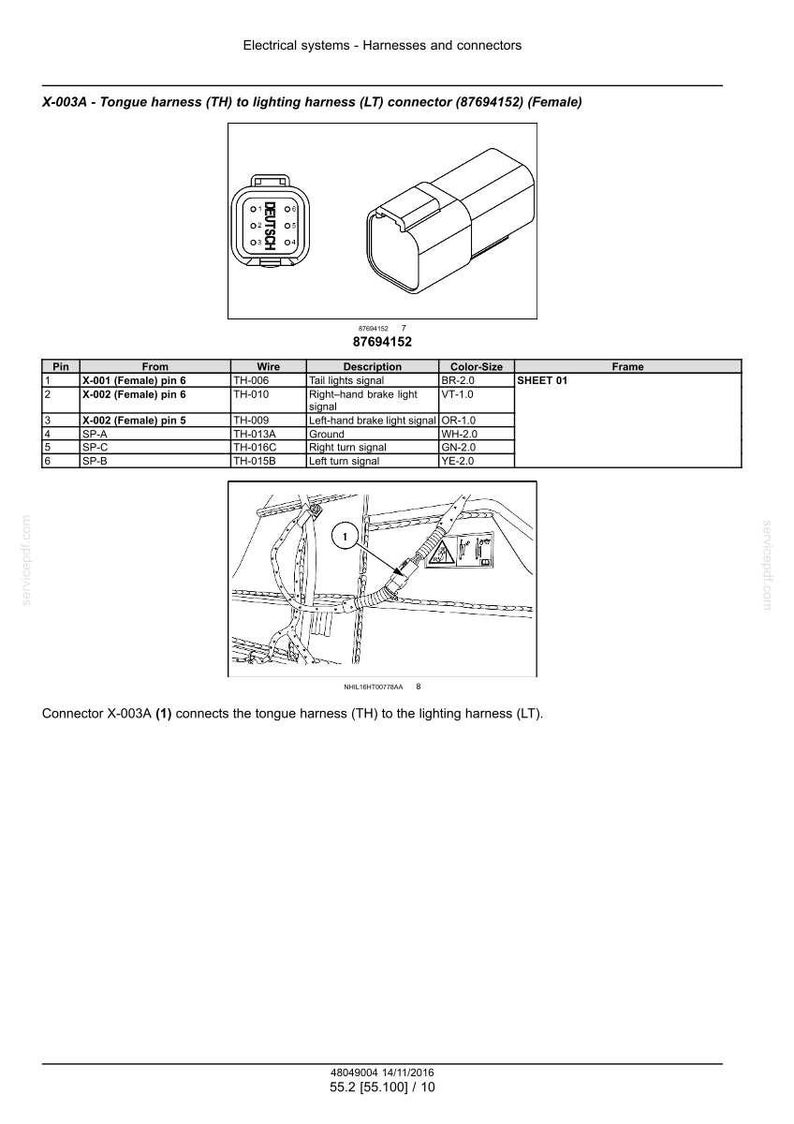 May include: Diagram of an electrical connector, labeled X-003A, with a table detailing pin connections and wire descriptions. The image includes a connector diagram and a wiring schematic for automotive electrical systems.