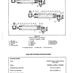 May include: Technical diagram of power cylinders, labeled with part names like ball joint, piston rod, and cylinder. The diagram includes specifications for cylinder bore diameter at 48 mm (1.89 in.) and piston rod diameter at 22 mm (0.866 in.).
