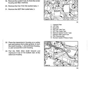 May include: A technical manual page titled SECTION 29 - HYDROSTATIC TRANSMISSION - CHAPTER 1. It features two black and white diagrams with numbered parts, including a hydraulic filter, banjo bolt, and transmission housing, with corresponding text instructions.