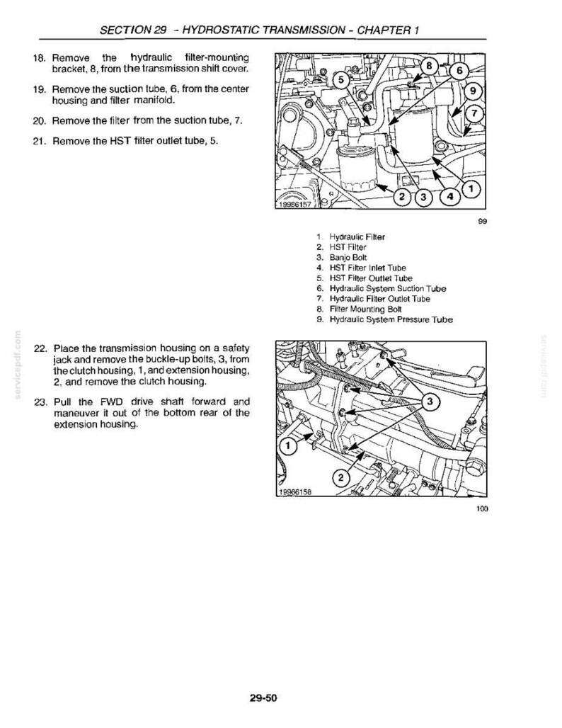 May include: A technical manual page titled SECTION 29 - HYDROSTATIC TRANSMISSION - CHAPTER 1. It features two black and white diagrams with numbered parts, including a hydraulic filter, banjo bolt, and transmission housing, with corresponding text instructions.