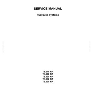 Pu&ograve; includere: Una pagina bianca con il logo New Holland Agriculture, le parole &laquo;SERVICE MANUAL&raquo; e &laquo;Hydraulic systems&raquo;. Sono elencati i numeri di modello T8.275 NA, T8.300 NA, T8.330 NA, T8.360 NA e T8.390 NA. La data 15/06/2012 e il numero di pagina 35 sono in basso.