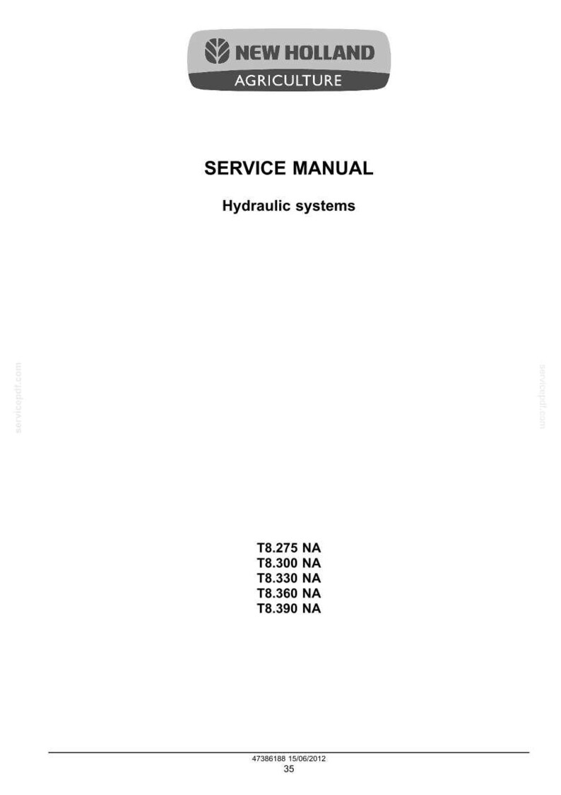 Pu&ograve; includere: Una pagina bianca con il logo New Holland Agriculture, le parole &laquo;SERVICE MANUAL&raquo; e &laquo;Hydraulic systems&raquo;. Sono elencati i numeri di modello T8.275 NA, T8.300 NA, T8.330 NA, T8.360 NA e T8.390 NA. La data 15/06/2012 e il numero di pagina 35 sono in basso.