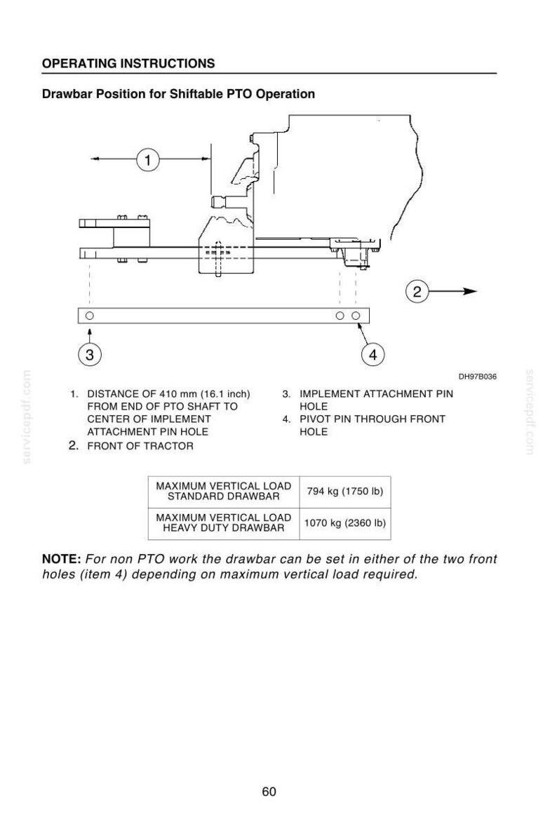 May include: Diagram illustrating drawbar position for shiftable PTO operation. Includes measurements: 410 mm (16.1 inch) from PTO shaft to implement attachment pin hole. Also shows maximum vertical load for standard and heavy-duty drawbars.