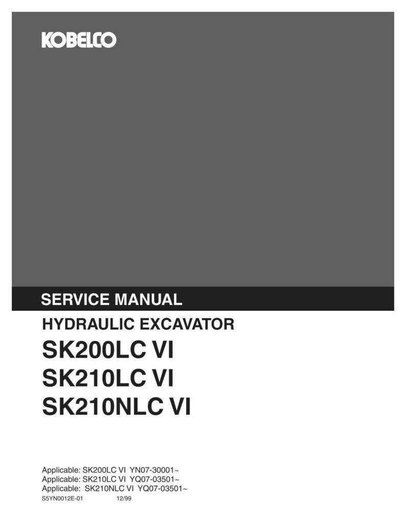 May include: A gray service manual for a Kobelco hydraulic excavator. The cover features the text KOBELCO, SERVICE MANUAL, HYDRAULIC EXCAVATOR, SK200LC VI, SK210LC VI, SK210NLC VI, and lists applicable serial numbers and the date 12/99 at the bottom.