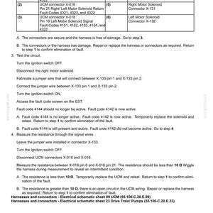 May include: Diagram of electrical systems fault codes, including connector and solenoid details. Text includes fault codes, testing instructions, and schematic references. The document is a technical guide for automotive diagnostics.